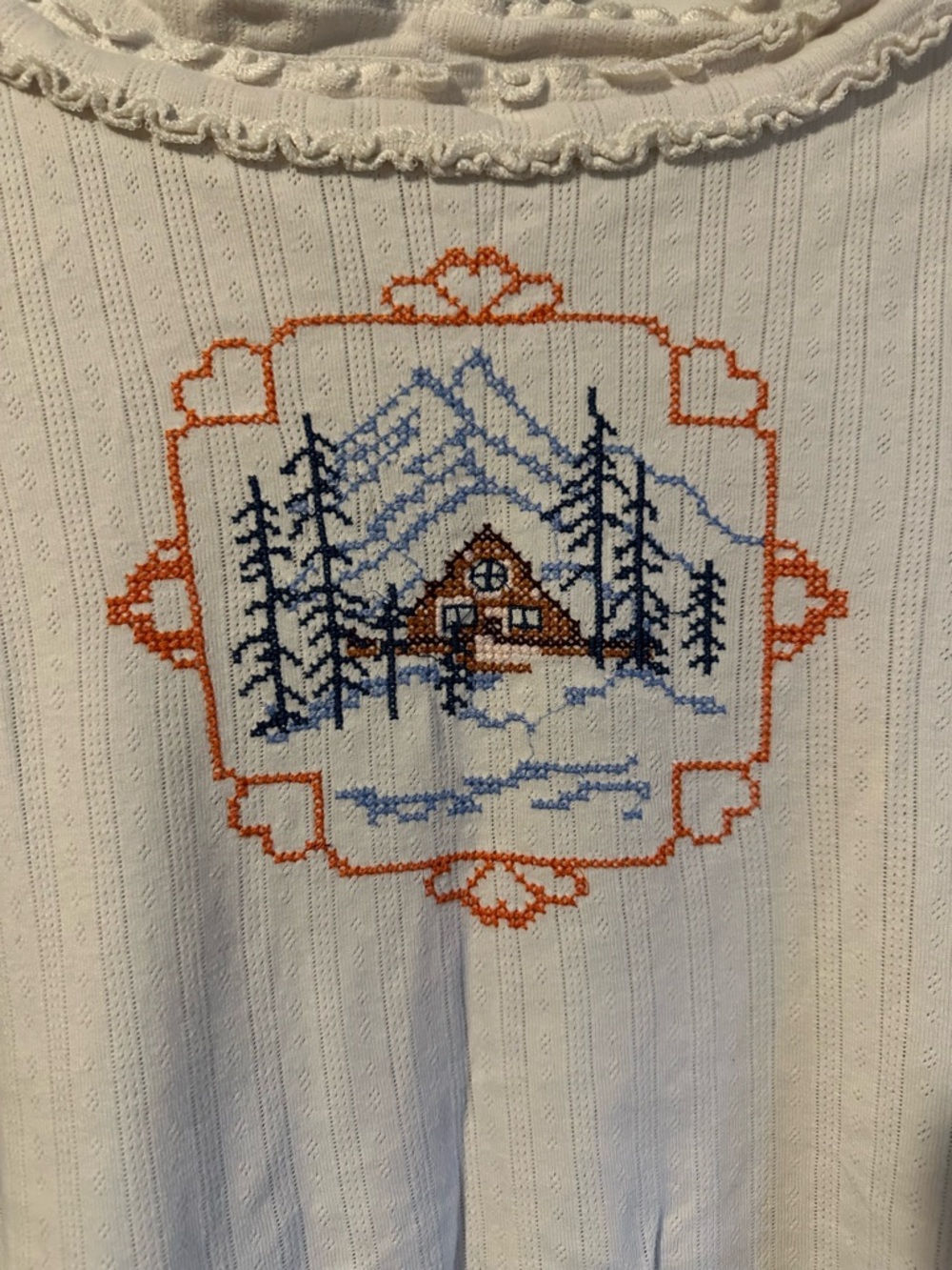 Free People Cream Long Sleeve Tee with Blue and Orange Embroidered Cabin